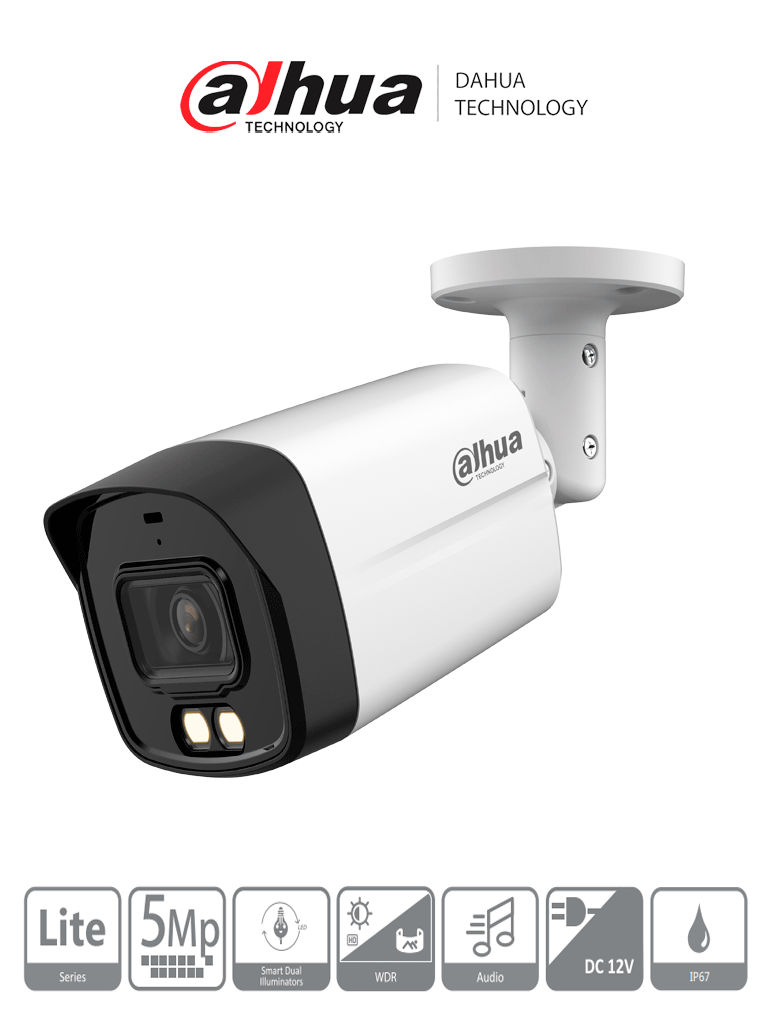 Cámara Dahua DH-HAC-HFW1509TLM-IL-A Tipo Bala de 5 MP, Iluminador Dual Inteligente, Full Color, Lente de 2.8 mm, 111 Grados de Apertura, iR de 40 Mts, Microfono Integrado, Super Adapt, IP67, Análoga